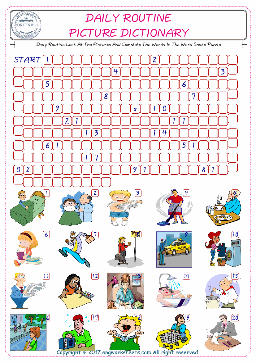  Check the Illustrations of Daily Routine english worksheets for kids, and Supply the Missing Words in the Word Snake Puzzle ESL play. 